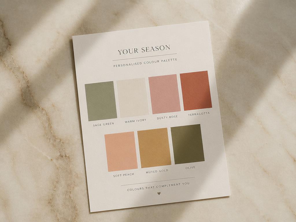 A personalised colour palette card with seasonal swatches